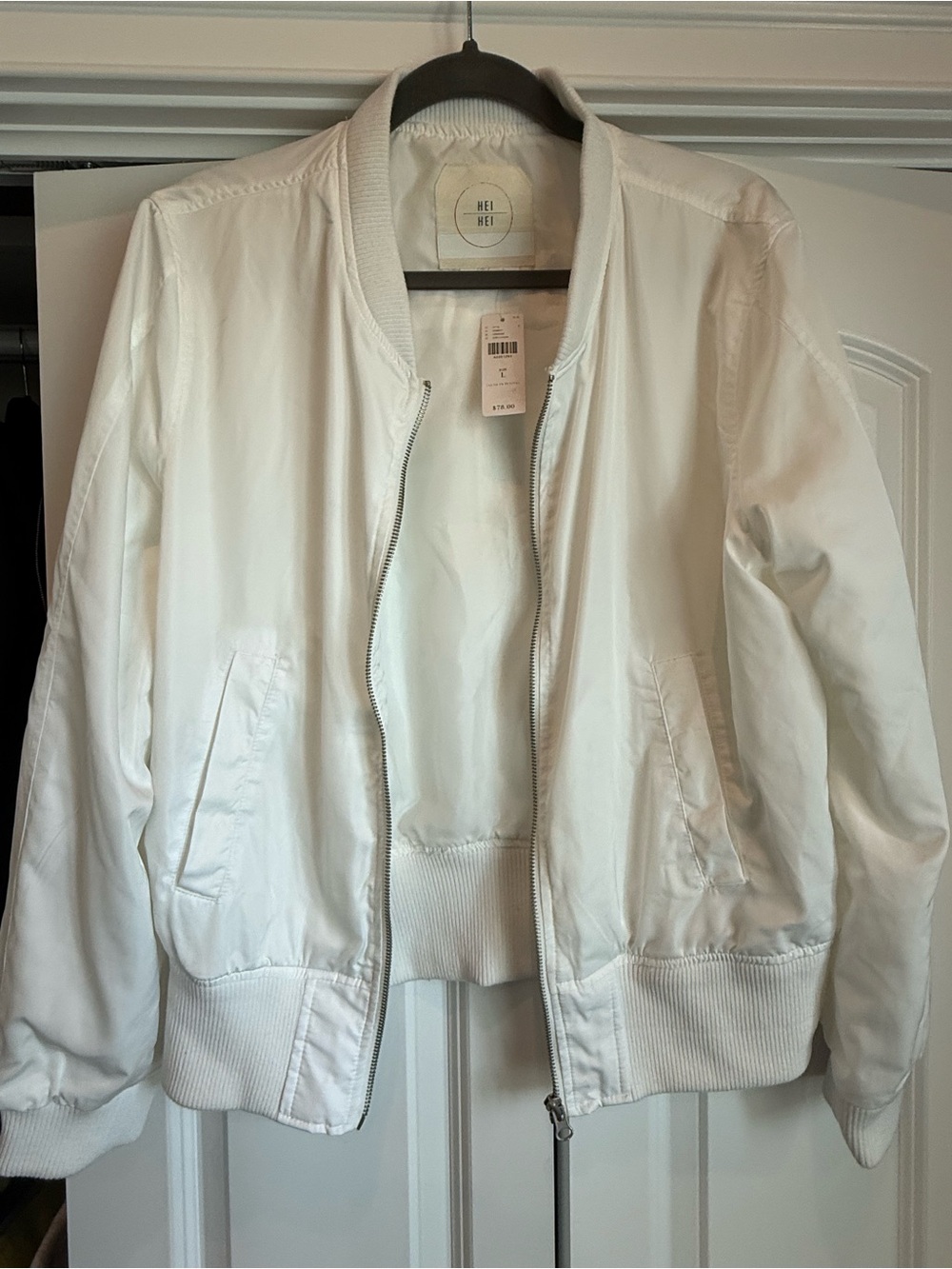Hei Hei White Bomber Jacket with Ribbed Trim